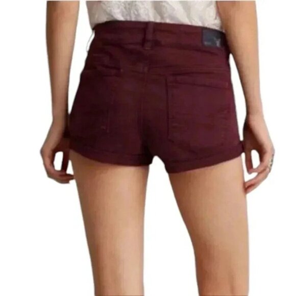 American Eagle Hi-Rise Shortie Jean Shorts Burgundy Super Stretch Size 8 - Picture 2 of 12